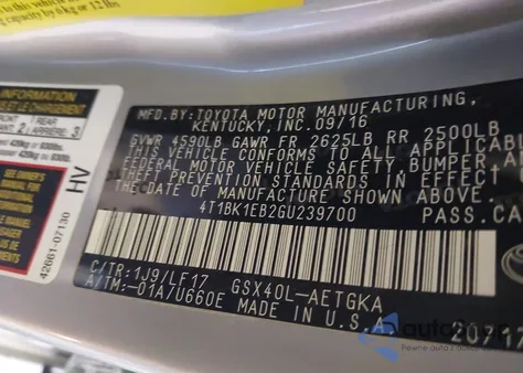 2016 Toyota Avalon Xle Premium из США, поврежденный, VIN 4T1BK1EB2GU239700